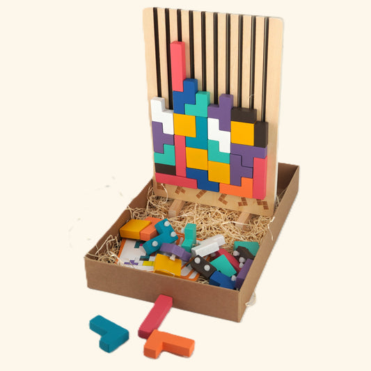 Holzpuzzle "Tetris Block" – Buntes 3D Lernspiel mit geometrischen Formen - Wolkenzwerge