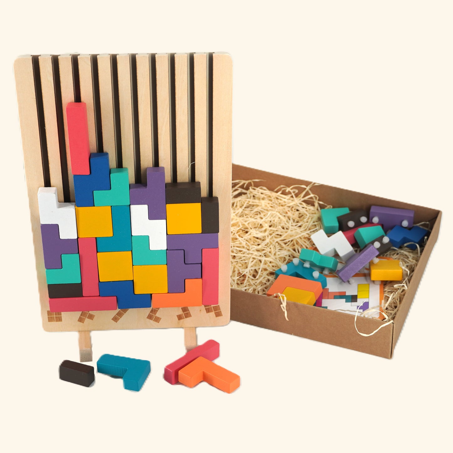 Holzpuzzle "Tetris Block" – Buntes 3D Lernspiel mit geometrischen Formen - Wolkenzwerge