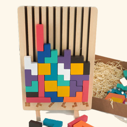 Holzpuzzle "Tetris Block" – Buntes 3D Lernspiel mit geometrischen Formen - Wolkenzwerge